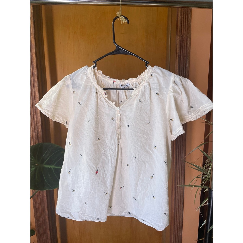 Dex Women Large Cream Embroidered Cotton Boho Cottagecore Flutter Sleeve Blouse